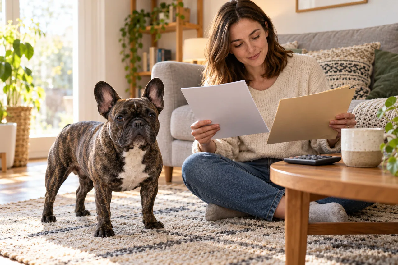 Owner reviewing papers at home beside a brindle French Bulldog-type dog